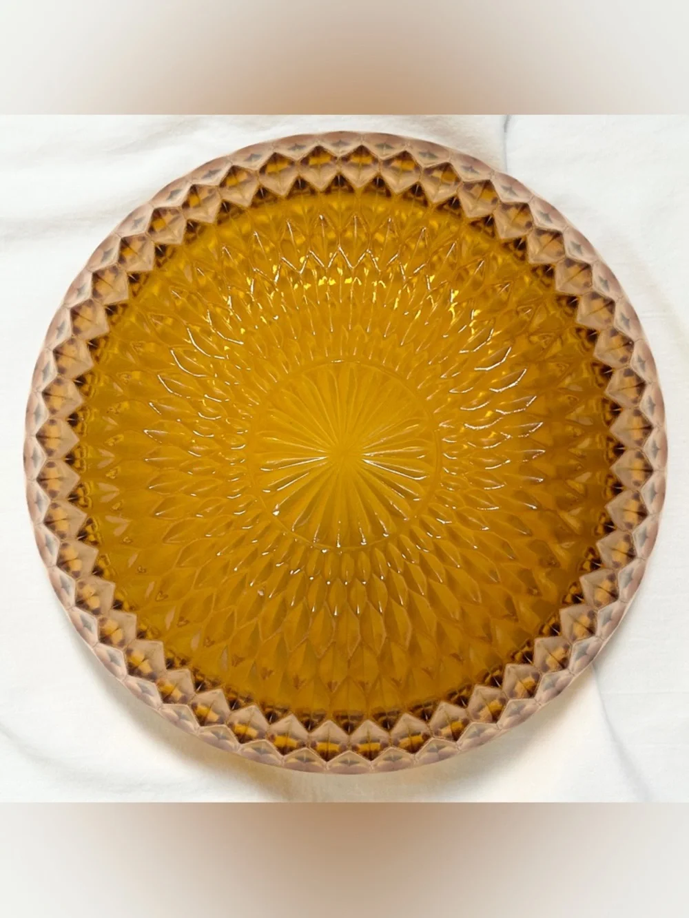 Vintage Mid Century Gold Amber Diamond Cut Glass Decorative Serving Bowl